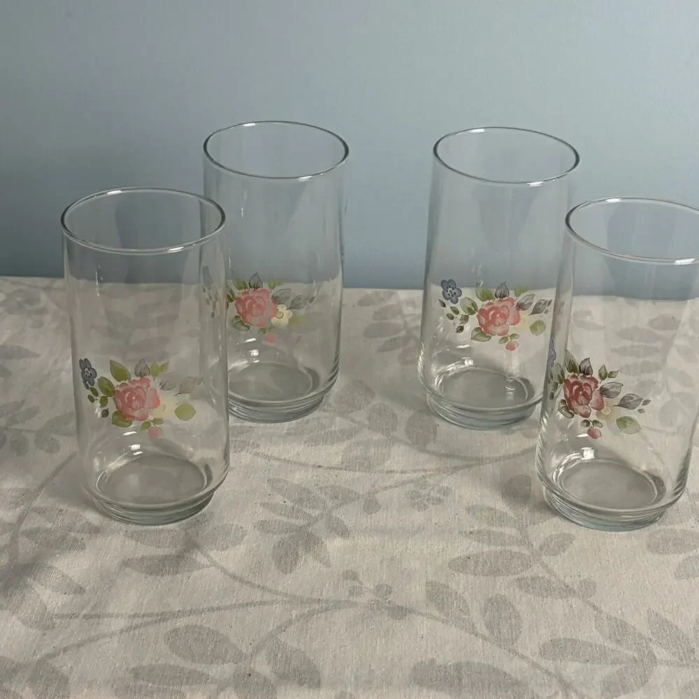 Cottagecore Anchor Hocking Rose Floral Tumblers Set of 4 Vintage Grandmillenial